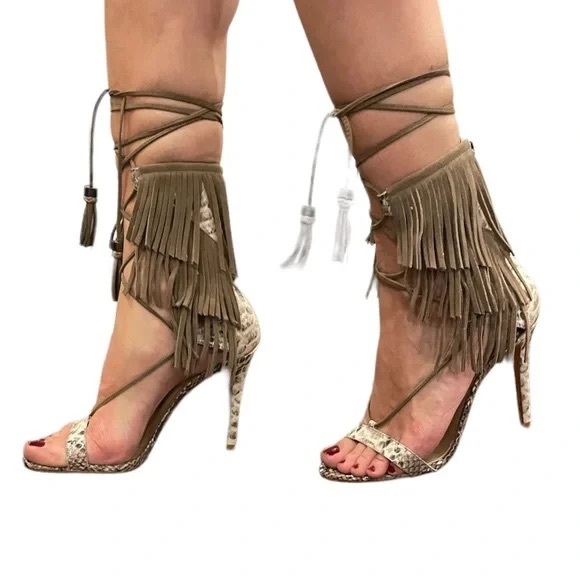 SCHUTZ Shoes - SCHUTZ Fringe Lace-Up Heels Snakeskin - Brown Womens 9.5 bohemian boho